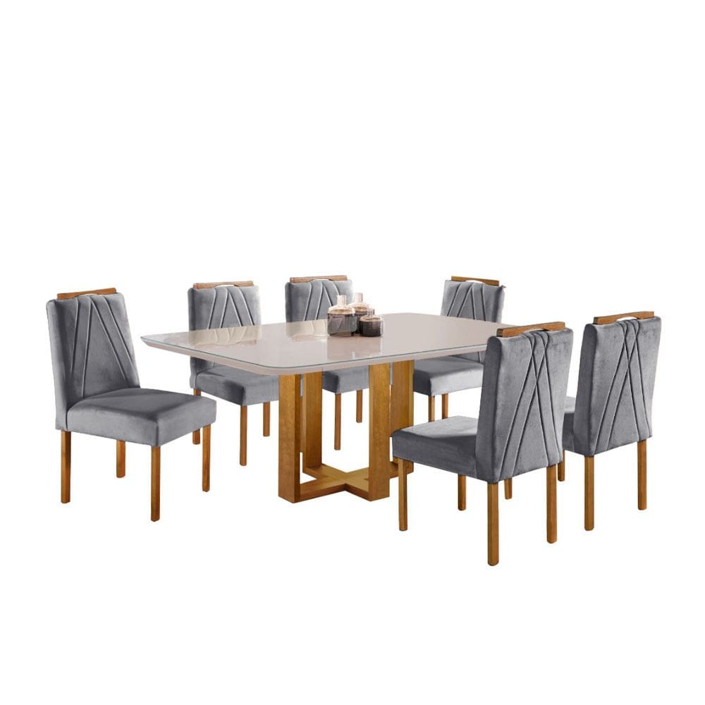 Conjunto Sala de Jantar Mesa Lisy Madeira Maciça e 6 Cadeiras Safira Veludo Cinza Profundo Móveis Mundial