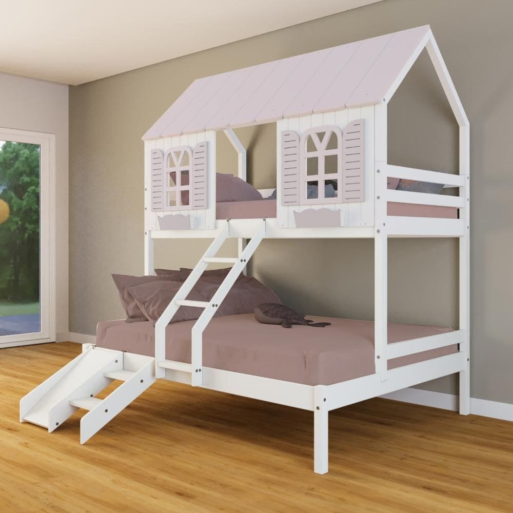 Beliche Casal/ Solteiro Casinha Bela com Kit Escada/Escorregador - Madeira Maciça Branco/Rosa | Housin