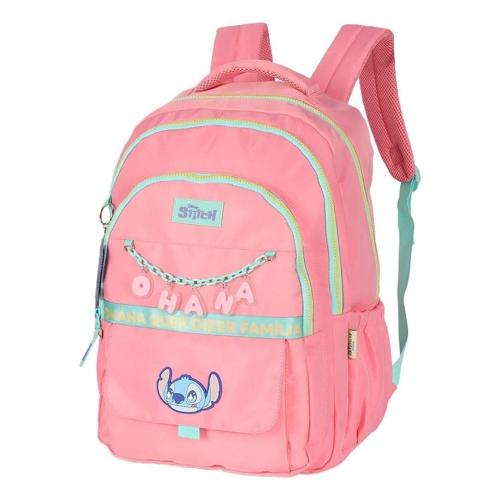 Mochila Costas Porta Notebook Stitch Ohana Cor Salmão