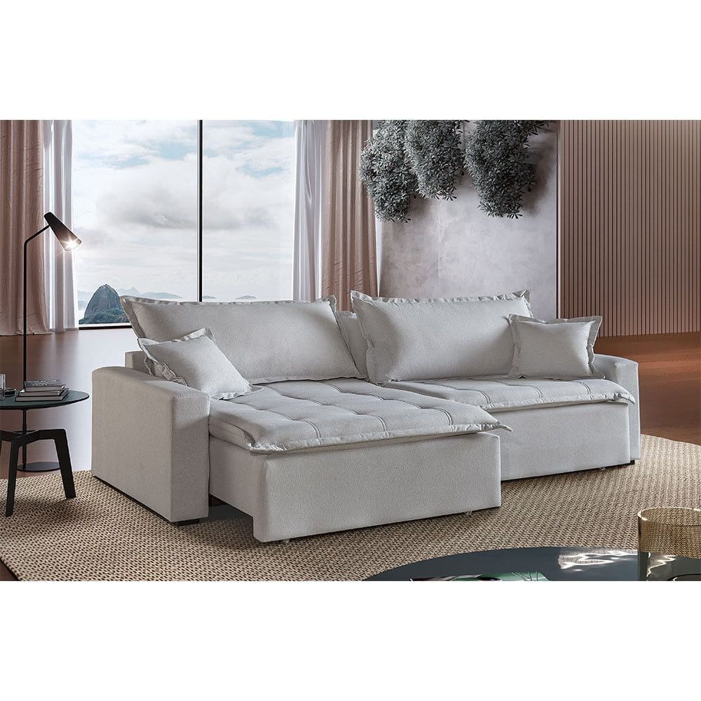 Sofá Cama 4 Lugares Retrátil e Reclinável Belize 2.40m Linho Creme Mundial Estofados