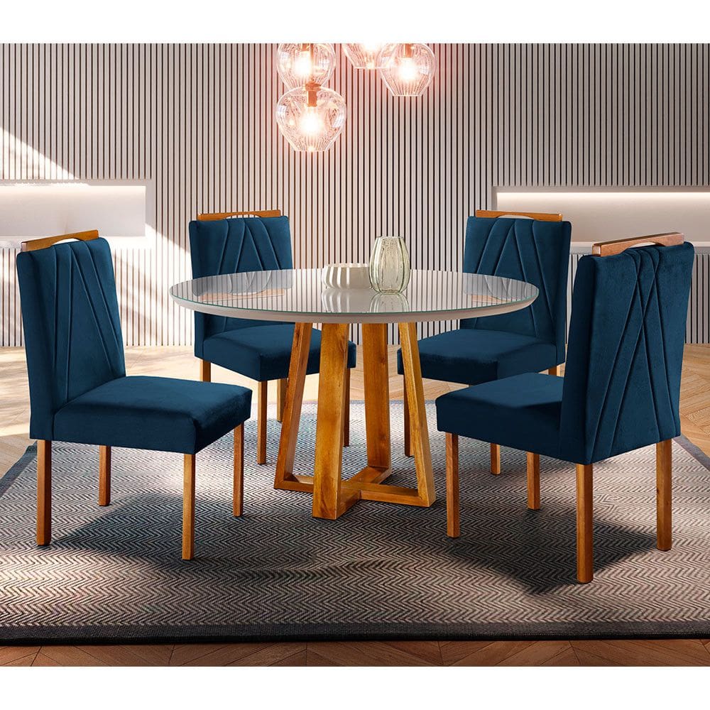 Conjunto Sala de Jantar Natalle 4 Lugares Mesa Redonda 1,0m e 4 Cadeiras Madeira Maciça Móveis Mundial