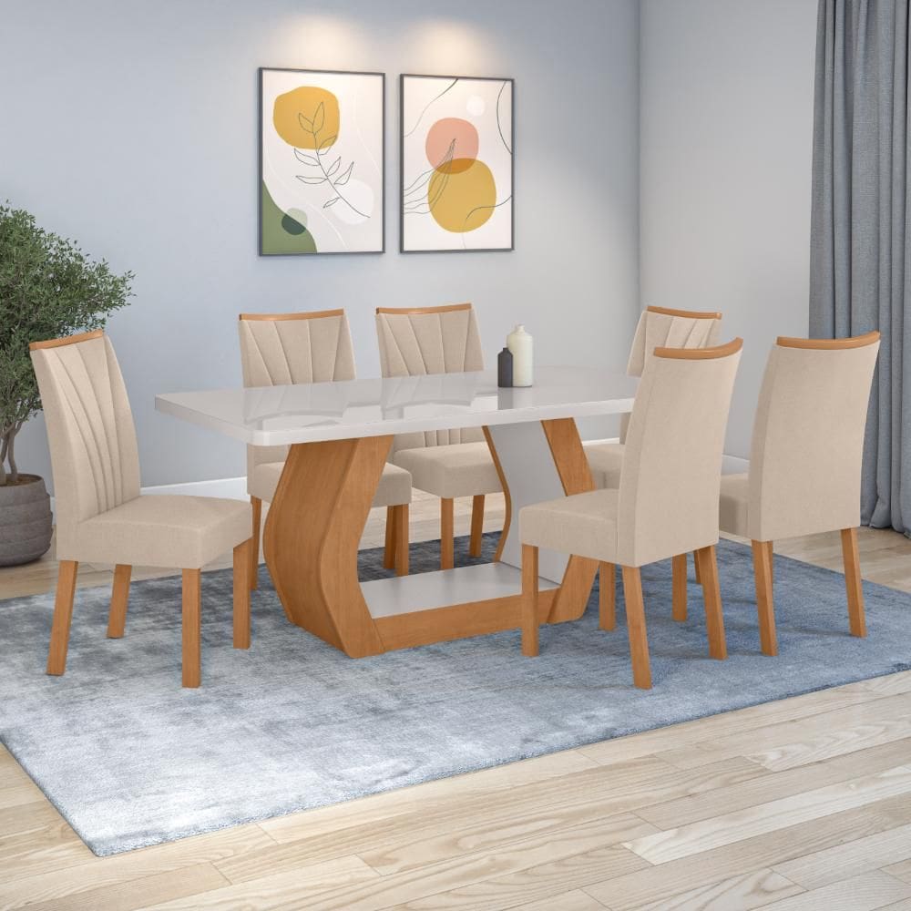 Conjunto Sala de Jantar Mesa Easy Tower 170x90cm MDF/Vidro com 6 Cadeiras Confort Veludo Creme Amendoa/off White