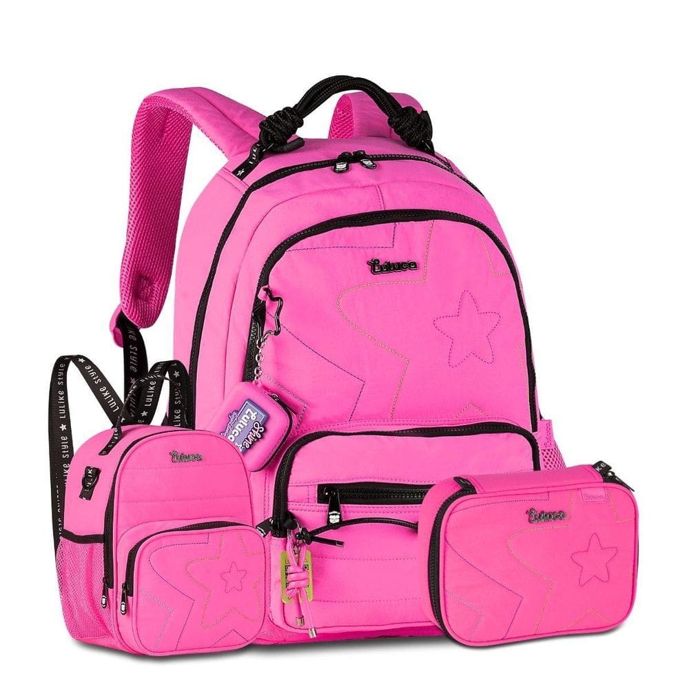 Mochila Luluca Com Lancheira E Estojo Kit Escolar Rosa