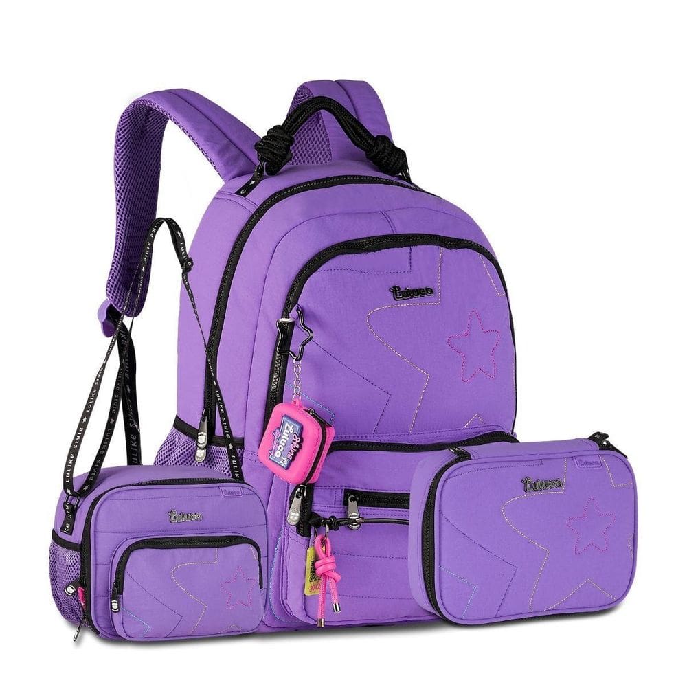 Mochila Luluca Com Lancheira E Estojo Box Kit Escolar Lilás