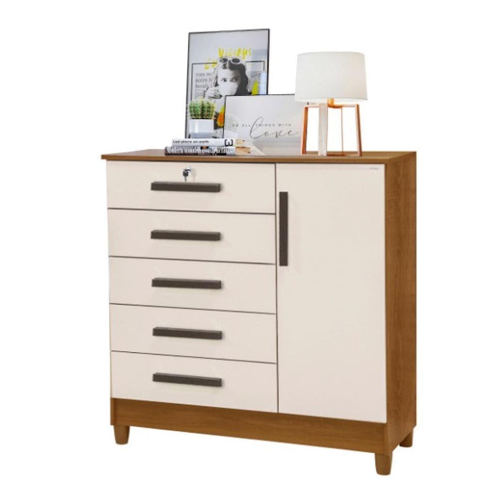 Comoda VITÓRIA 1 Porta 5 Gavetas CEDRO/AREIA