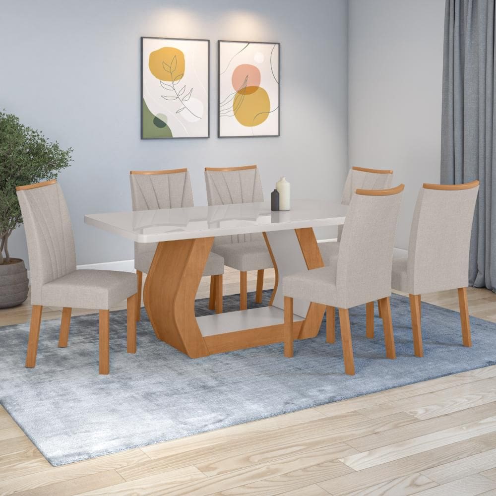 Conjunto Sala de Jantar Mesa Easy Tower 170x90cm MDF/Vidro com 6 Cadeiras Confort Linho Cinza Amendoa/off White