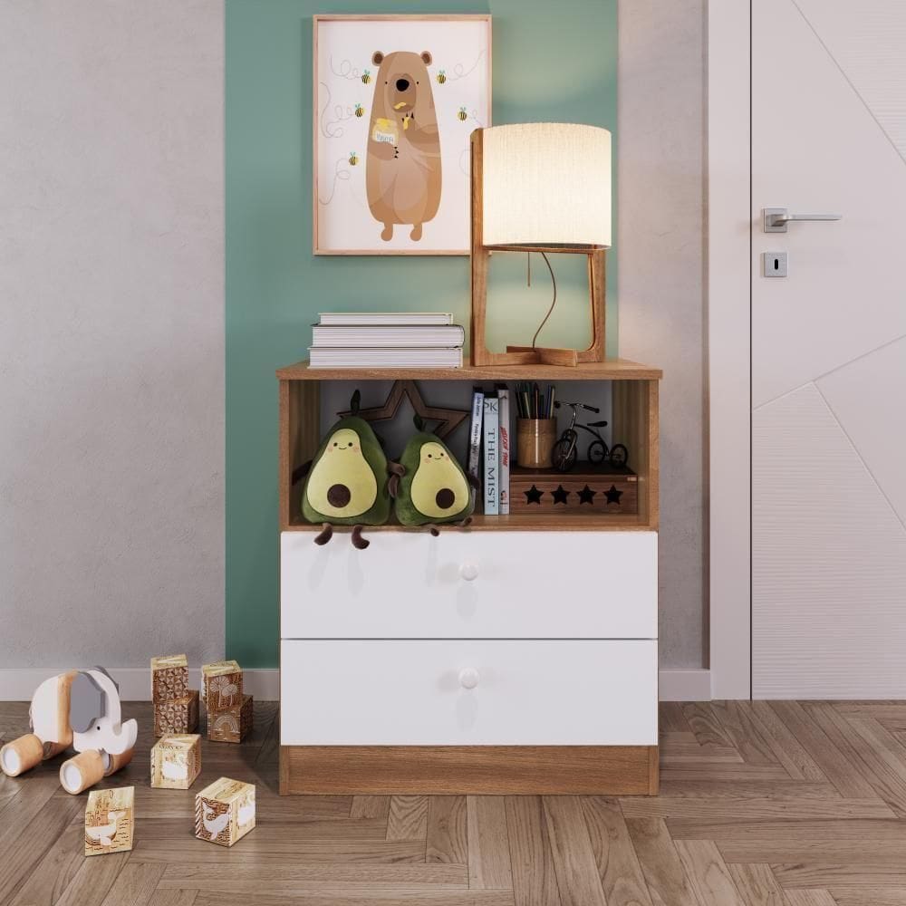 Cômoda Infantil Organizadora 2 Gavetas Com Nicho 60,8cm Para Quarto De Bebê Nogal Com Branco