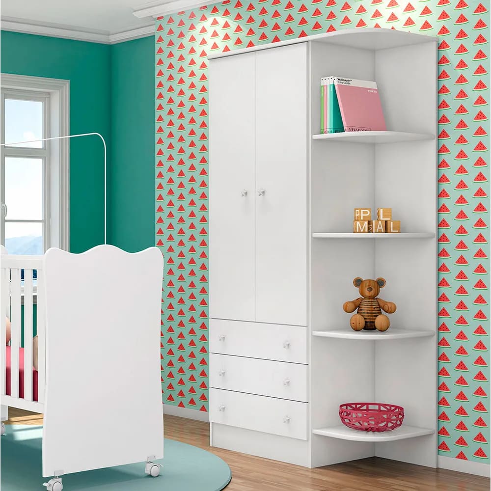 Guarda-roupa 2 portas e 3 gavetas DOCE SONHO com cantoneira BRANCA