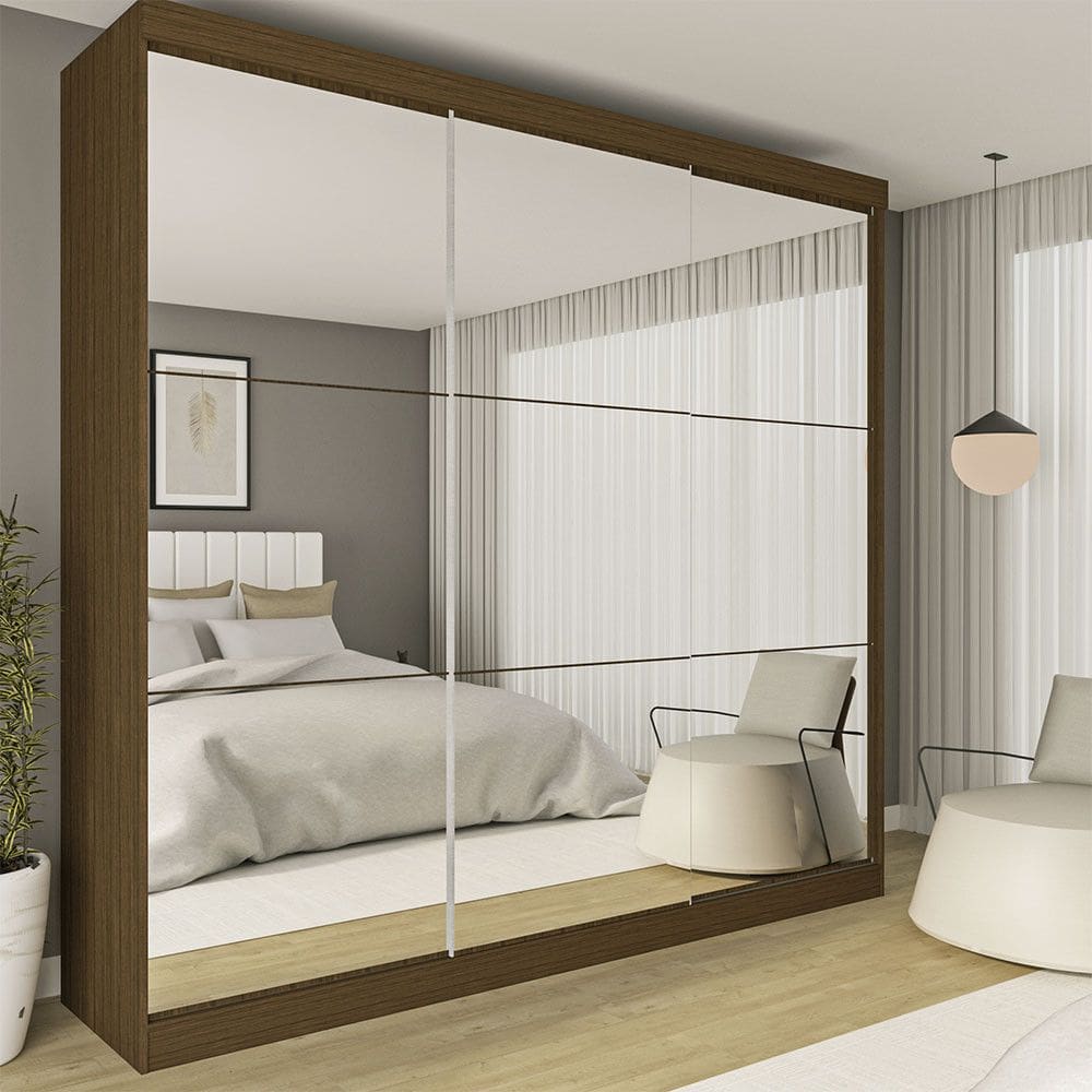 Guarda Roupa Casal Rennes 3 Portas de Correr 4 Gavetas e 9 Espelhos Minastex