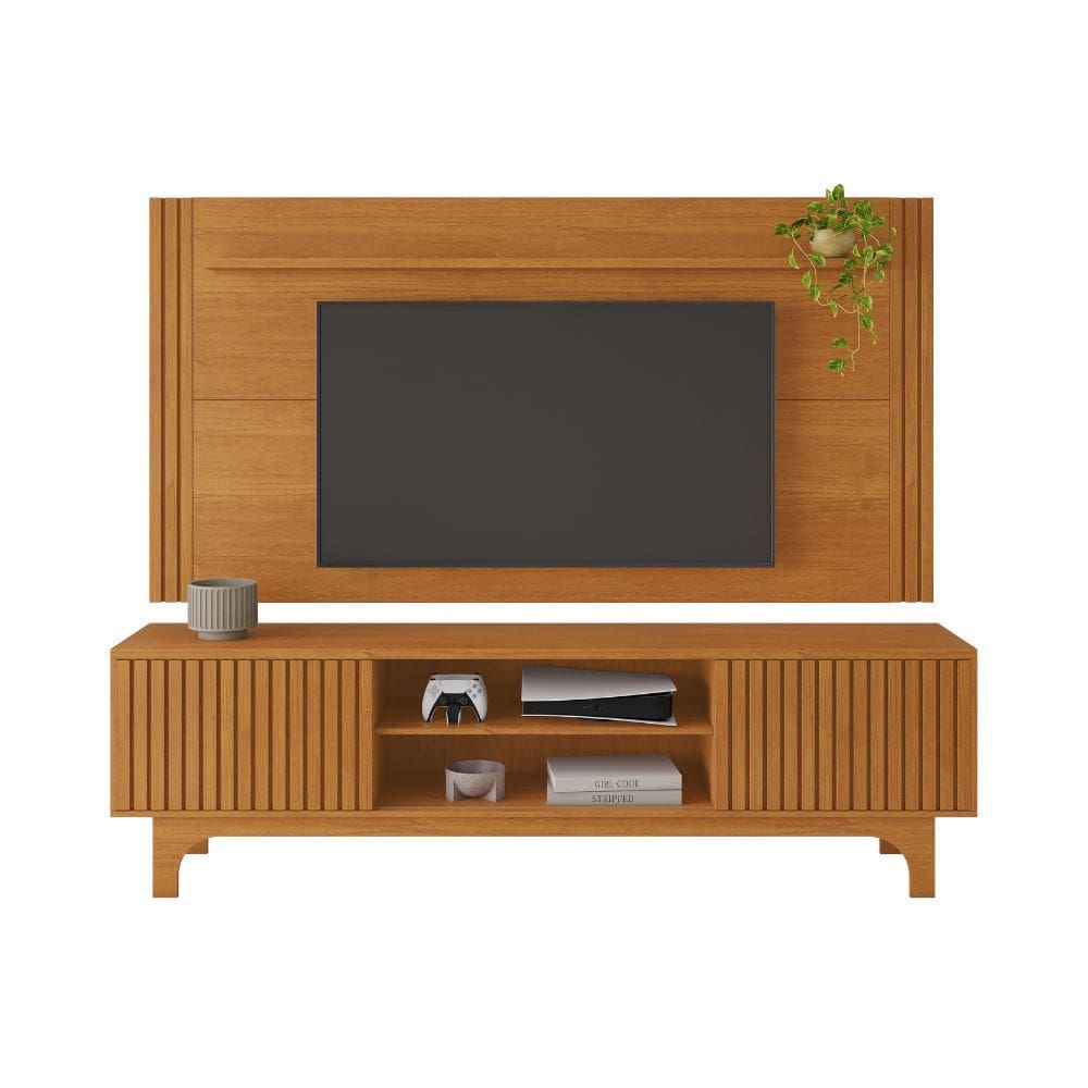 Painel com Rack Conjunto Trunfo Ripado Portas de Correr Pés MDF Usinados JCM