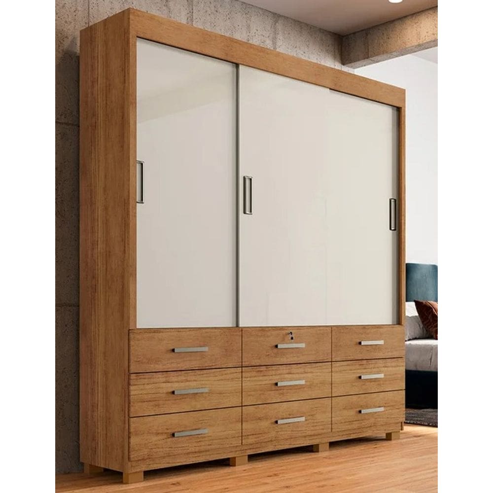 Guarda Roupa 3 portas de correr e 9 gavetas ITAPEMA CEDRO/Off Flex