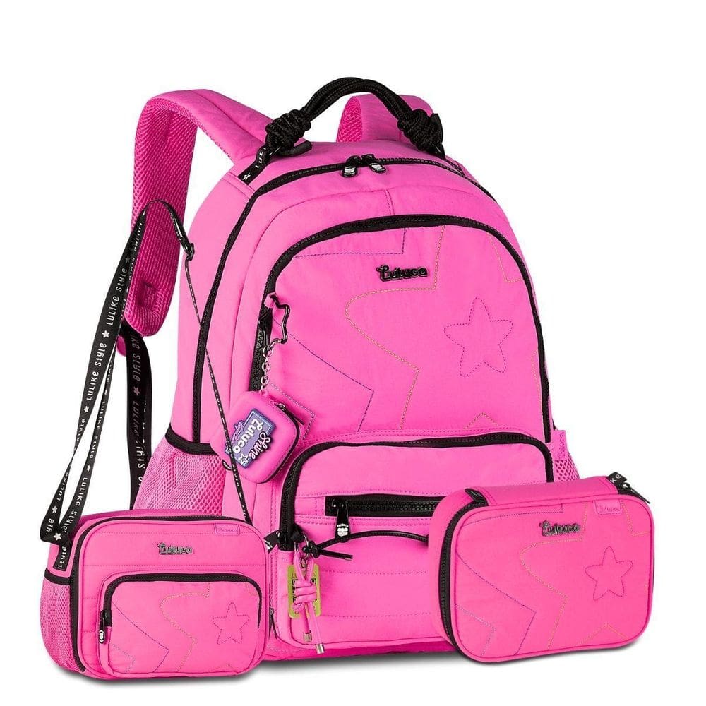 Mochila Luluca Com Lancheira E Estojo Box Kit Escolar Rosa