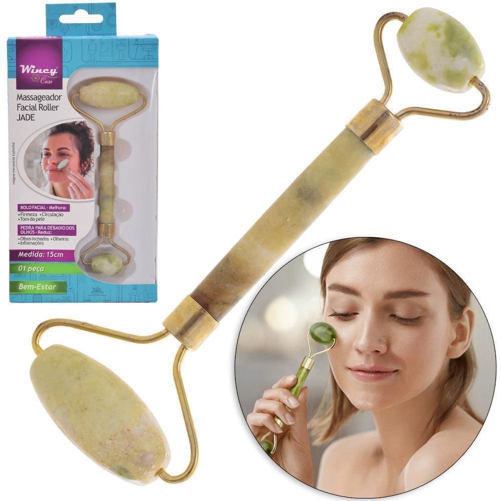 Massageador Facial Pedra Olheira Roller Jade Verde Genuino