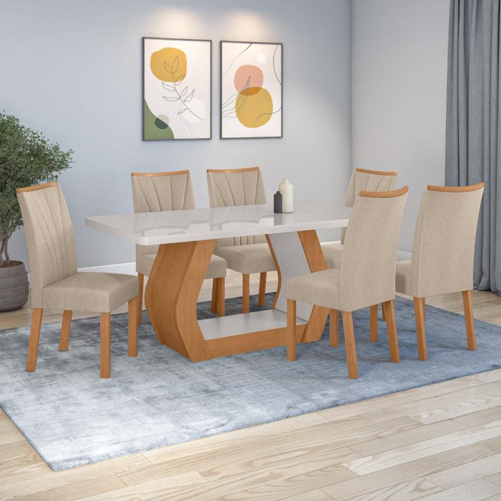 Conjunto Sala de Jantar Mesa Easy Tower 170x90cm MDF/Vidro com 6 Cadeiras Confort Linho Bege Amendoa/off White
