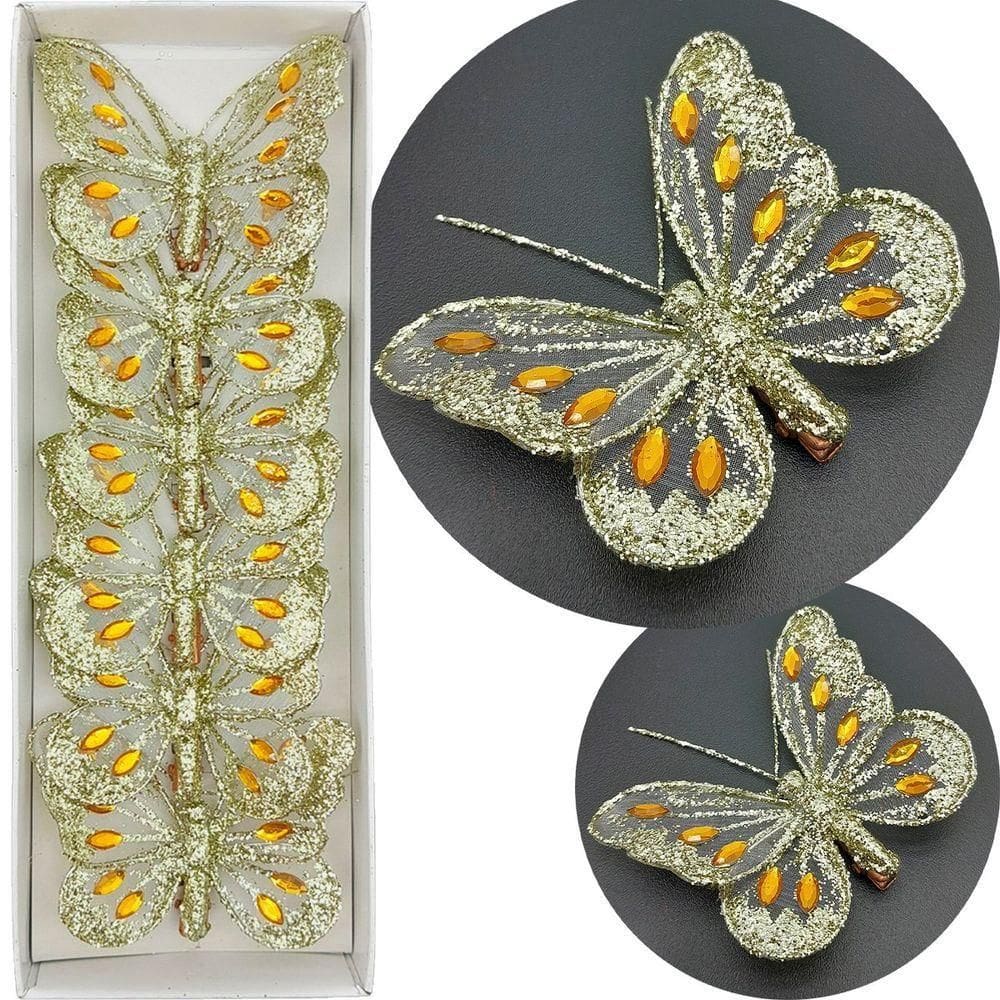 Presilha Prendedor Enfeite Borboleta Natal Dourado 8cm 18pçs