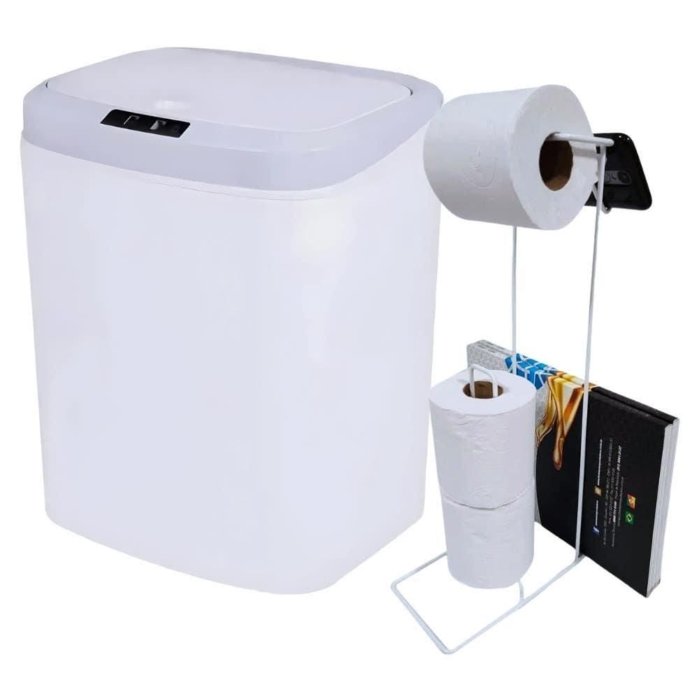 Lixeira Automática Branca 16 Litros USB KALA com Suporte para Papel Higiênico 3 Rolos Branco EVALD