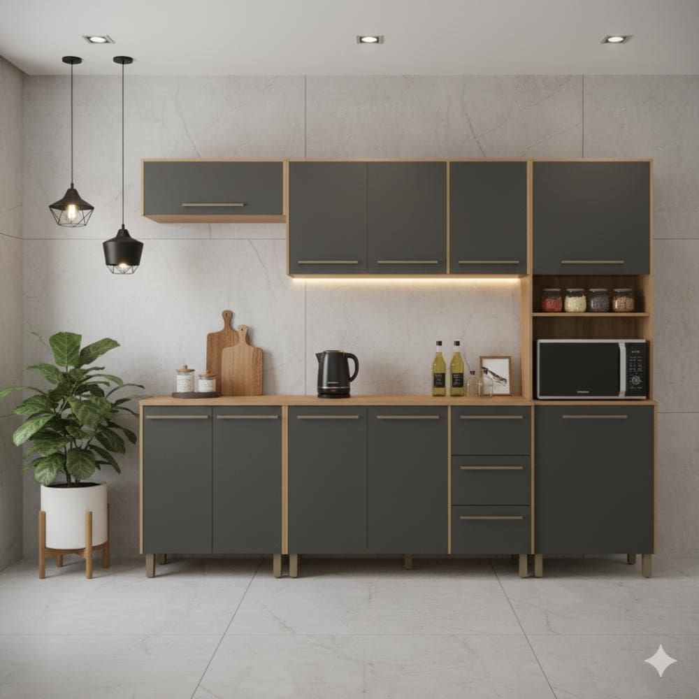 Cozinha Completa Marina 250cm 10 Portas c/ Armário e Balcão