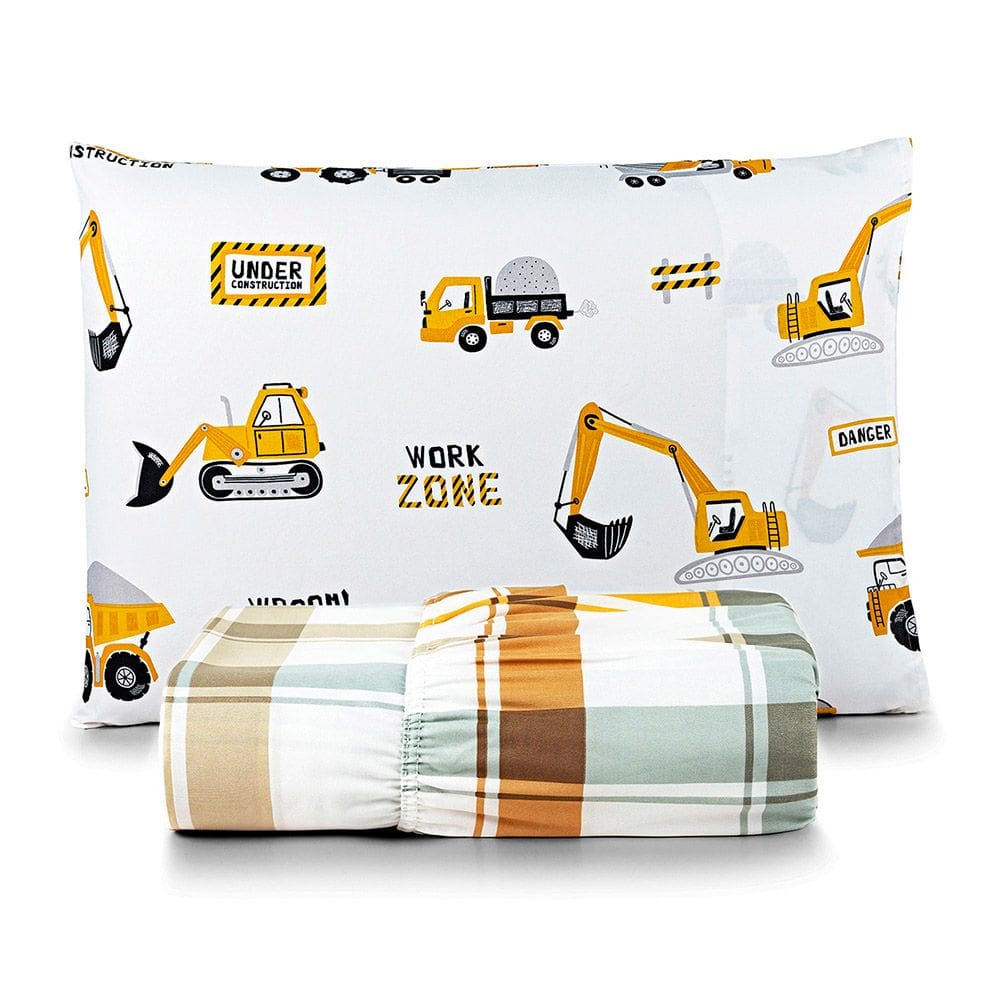 Jogo de Cama Lençol Lutti Solteiro Infantil 200 Fios Estampado 2 Peças Trator Caminhão Branco