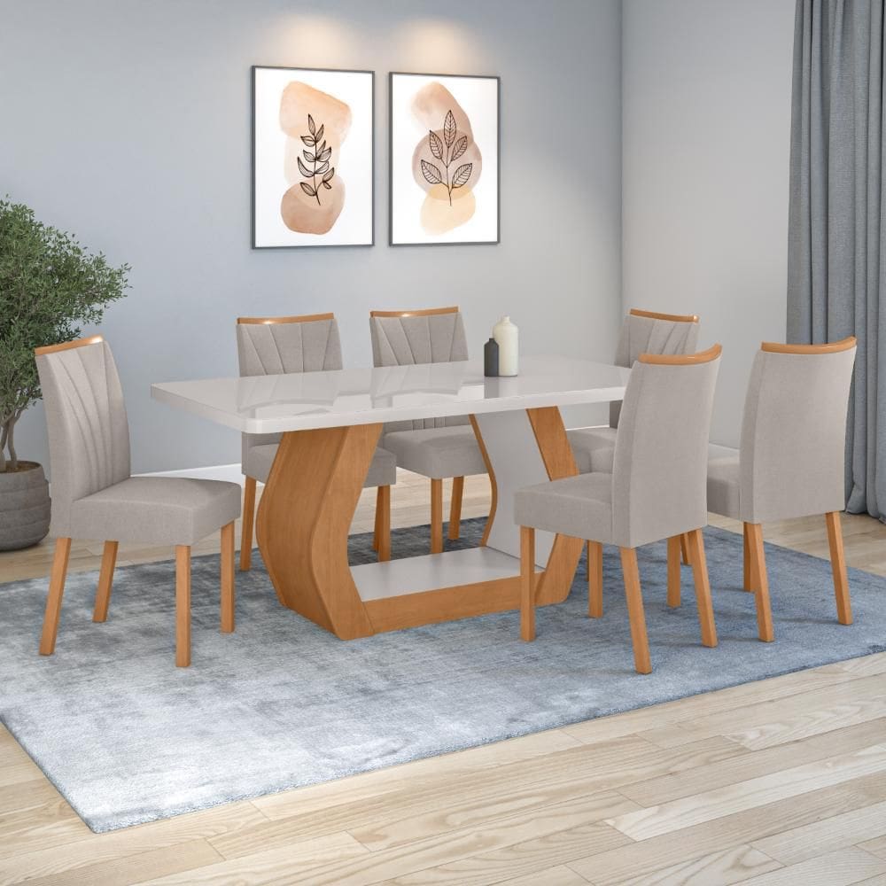 Conjunto Sala de Jantar Mesa Easy Tower 170x90cm MDF/Vidro com 6 Cadeira Armoni Veludo Liso Capuccino Amendoa/off White