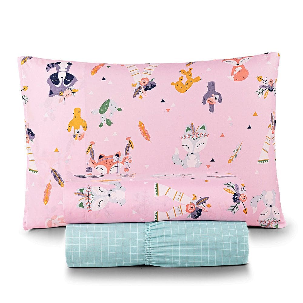 Jogo de Cama Lençol Lutti Solteiro Infantil 200 Fios Estampado 3 Peças Raposa Foxy Rosa