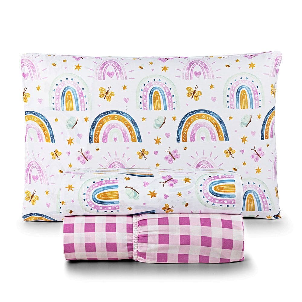 Jogo de Cama Lençol Lutti Solteiro Infantil 200 Fios Estampado 3 Peças Arco íris Rainbow Rosa