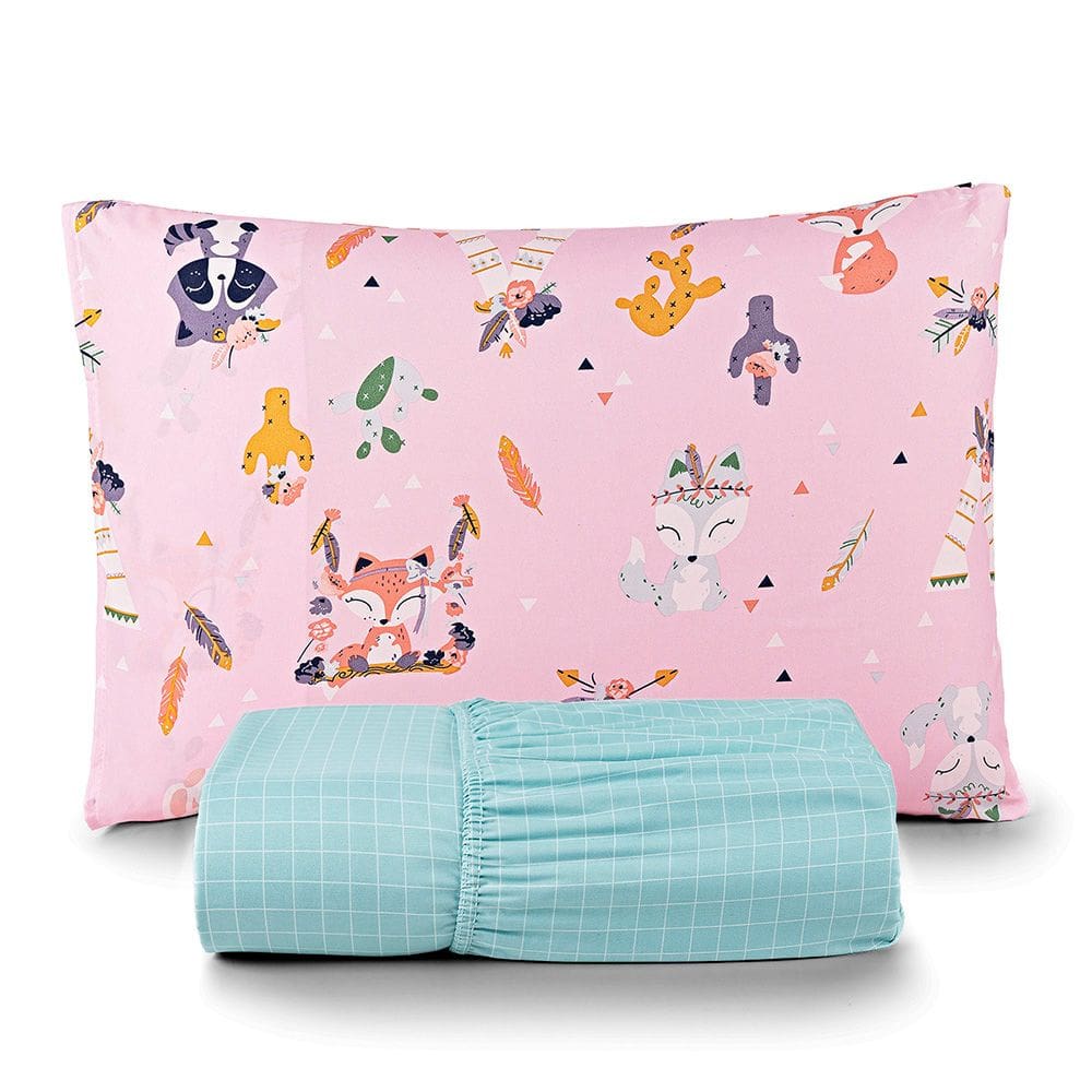 Jogo de Cama Lençol Lutti Solteiro Infantil 200 Fios Estampado 2 Peças Raposa Foxy Rosa