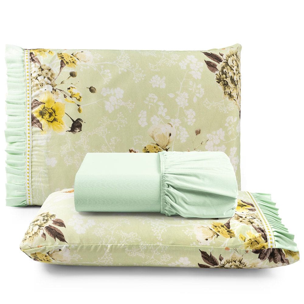 Jogo Cama Lençol Fiore Queen Estampado 180 Fios 100% Algodão com Babadinho 3 Peças Verde Floral