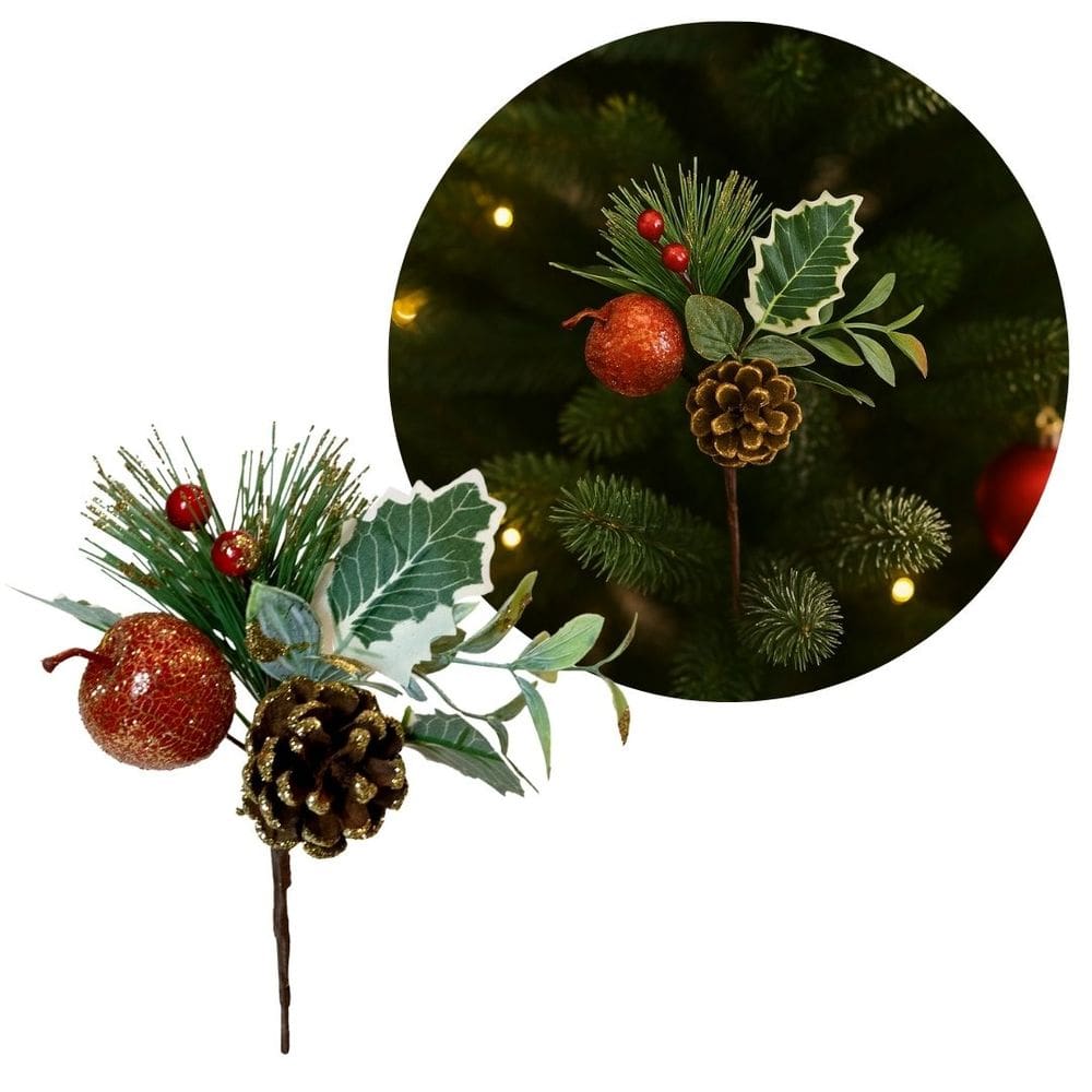 Pick Natalino Folhagem Pinha e Fruta Decorado Glitter Dourado 17cm