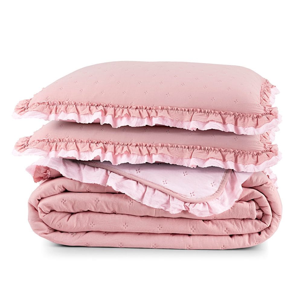 Cobre Leito King Micropercal 200 Fios com Babado Malvinni Rosa - 3 Peças