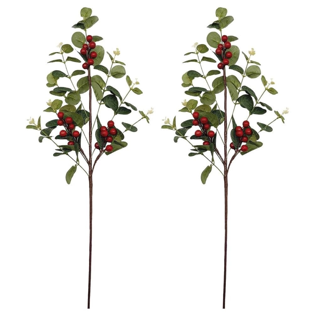Kit 2 Galhos Decorativo Natalino Folha de Eucalipto e Berries 63cm