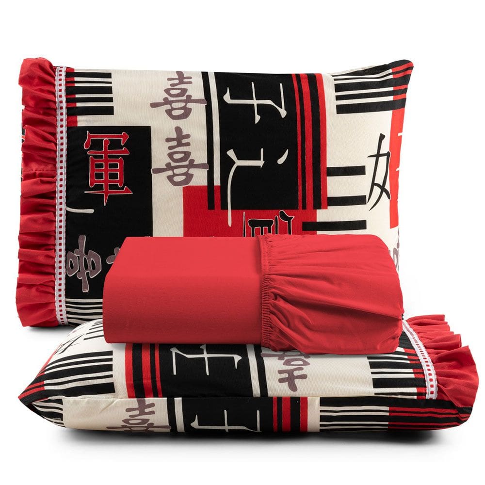 Jogo Cama Lençol Fiore Queen Estampado 180 Fios 100% Algodão com Babadinho 3 Peças Vermelho Oriental Japonês