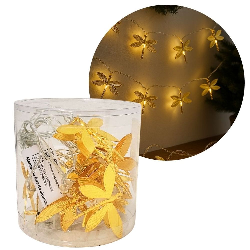 Cordão Iluminado Libélula Metal Dourado 10 Lâmpadas LED