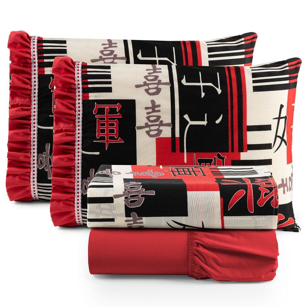 Jogo Cama Lençol Fiore King Estampado 180 Fios 100% Algodão com Babadinho 4 Peças Vermelho Oriental Japonês