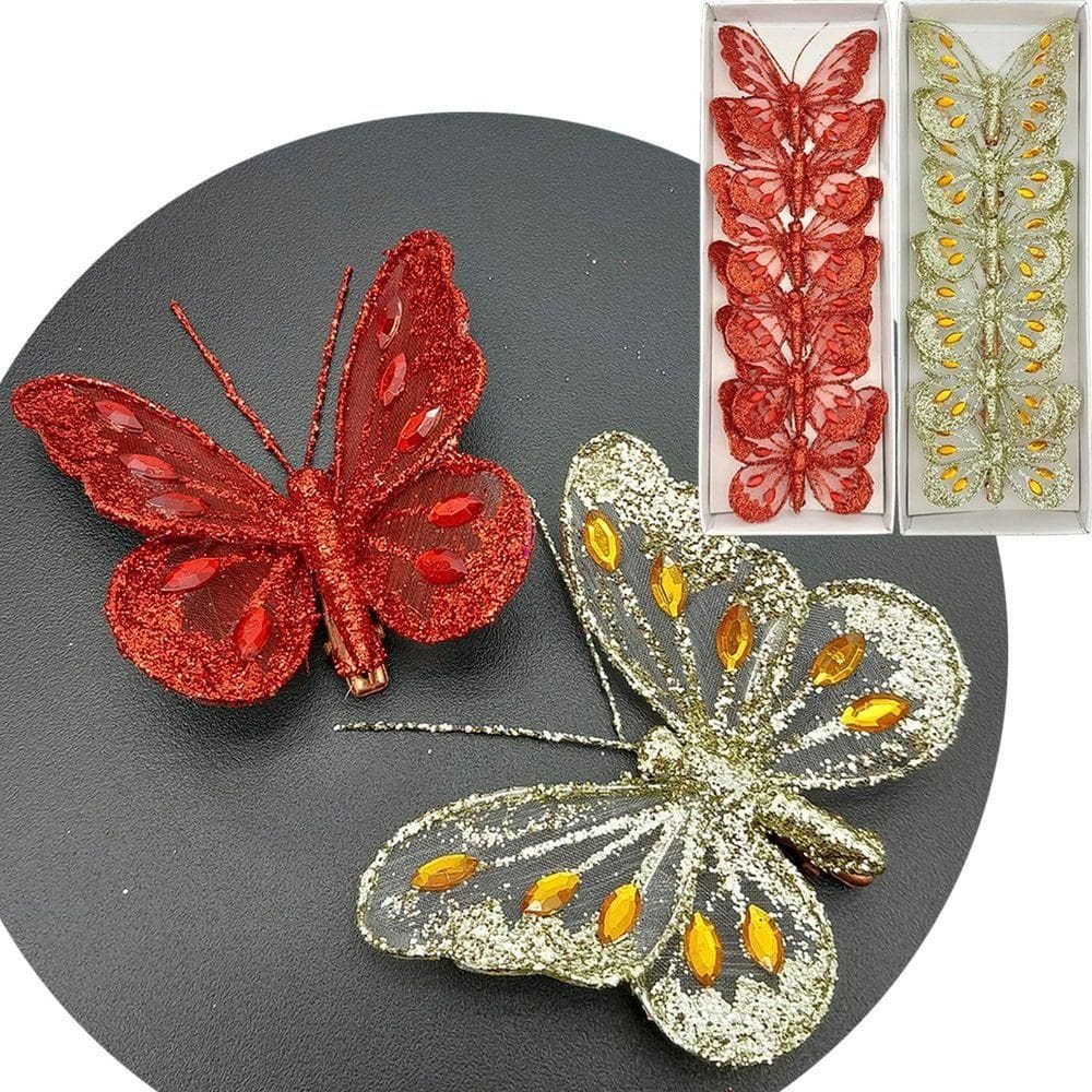 Presilhas Enfeite Natal Borboleta Vermelho Dourado 8cm 12pçs