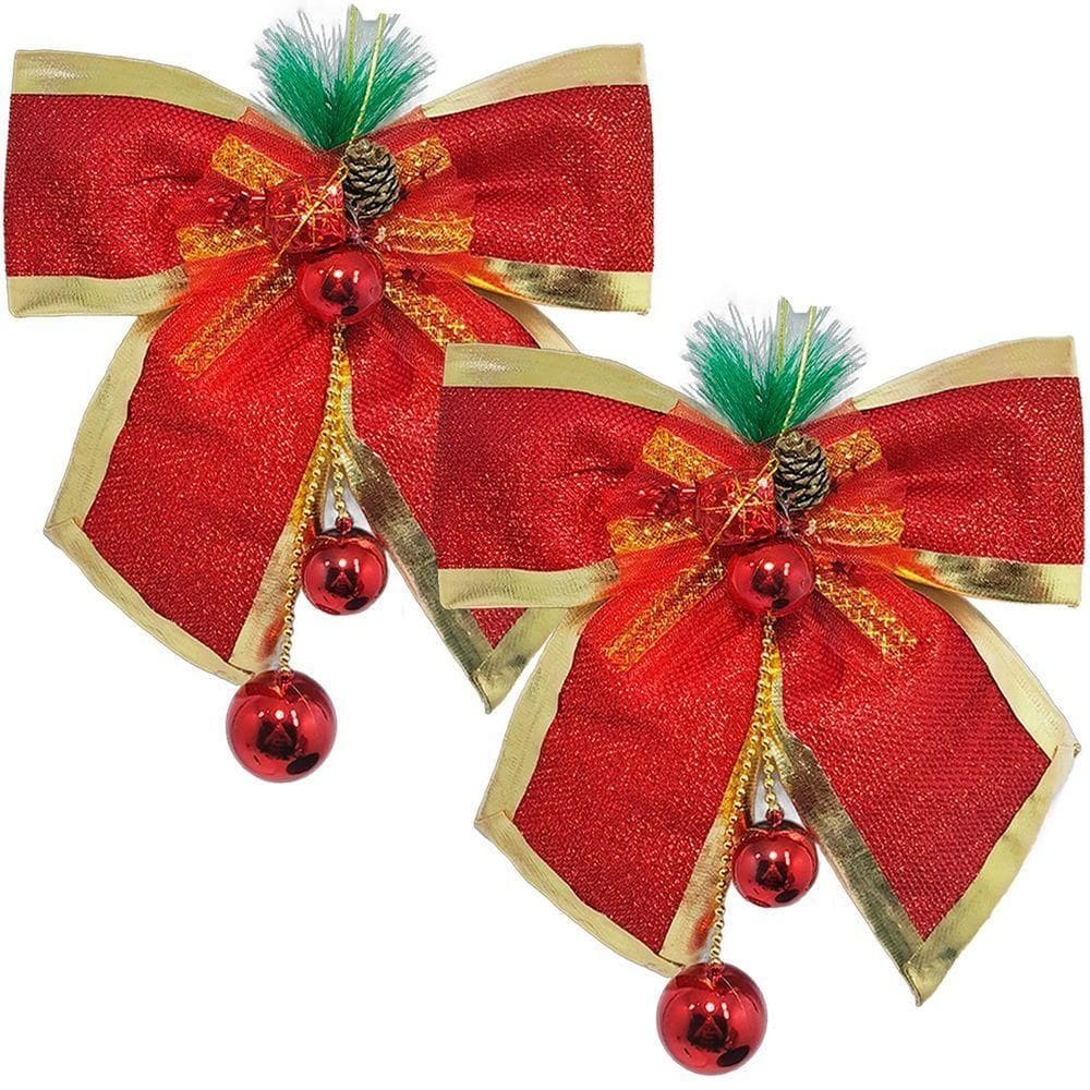 Enfeite Laços Natalino Com Bolas Pendente Vermelho Kit 2pçs