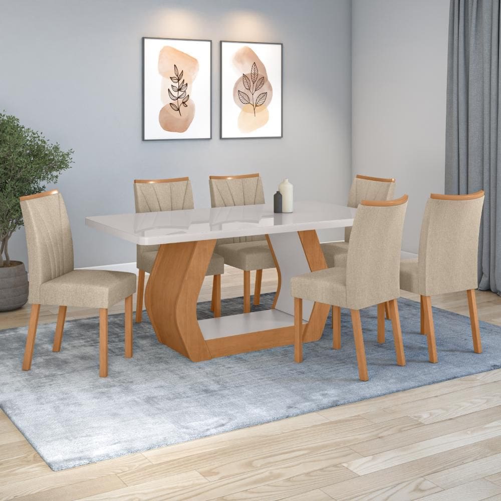 Conjunto Sala de Jantar Mesa Easy Tower 170x90cm MDF/Vidro com 6 Cadeira Armoni Linho Bege Amendoa/off White