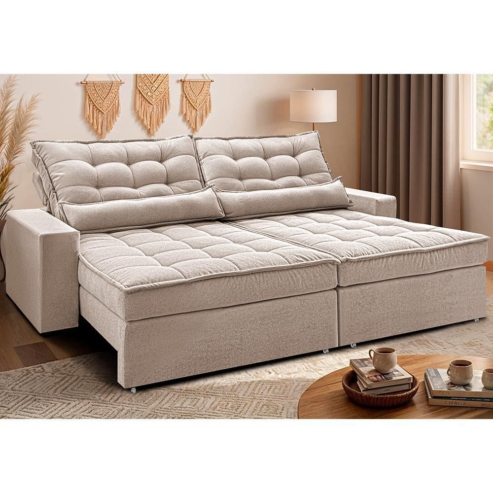Sofá Retrátil e Reclinável 3,12m Molas Ensacadas Belle. Boucle Cama inBox