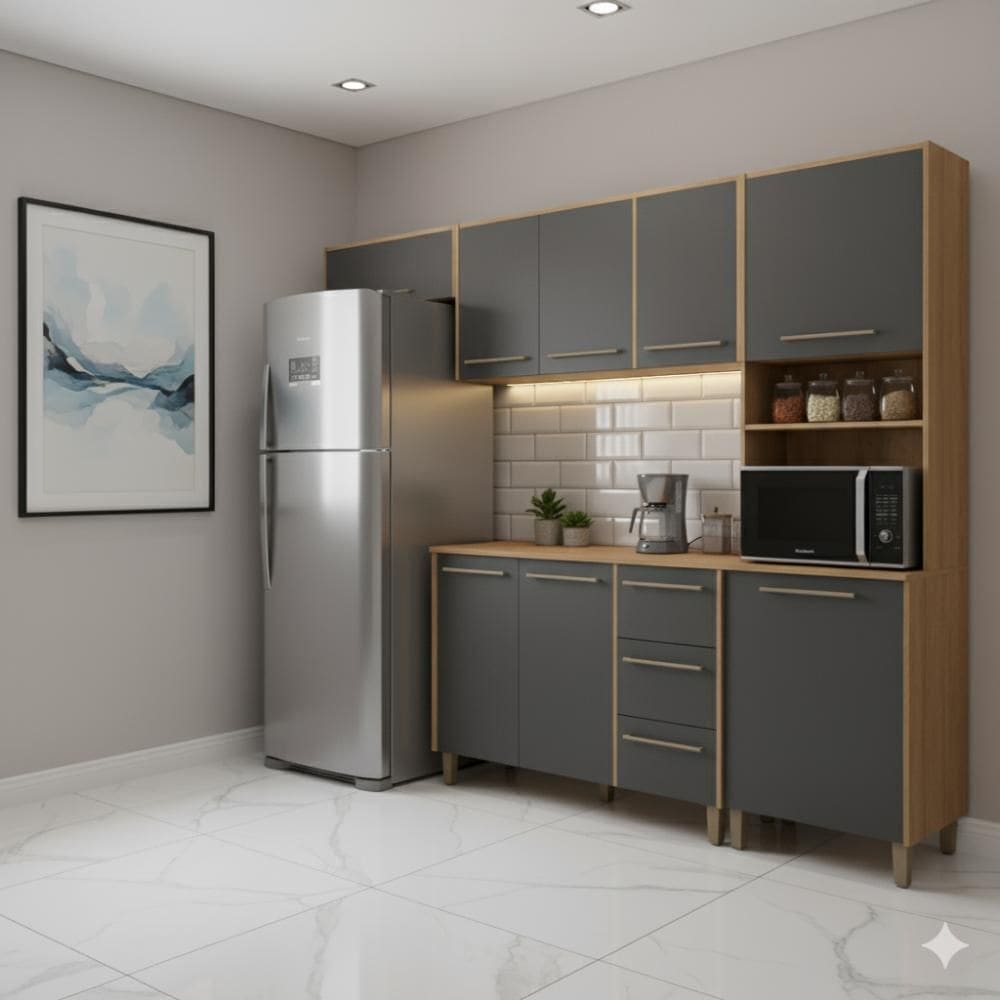 Cozinha Marina 250cm 8 Portas c/ Armário e Balcão