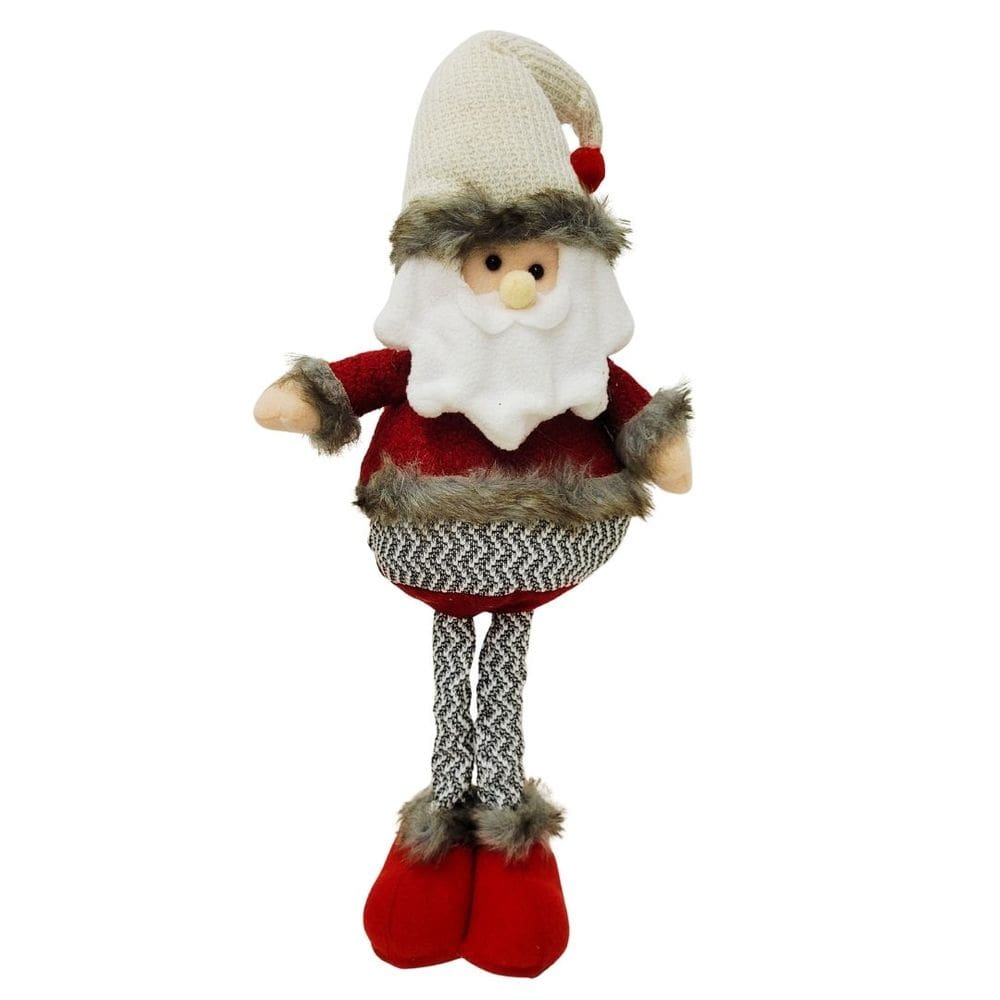 Papai Noel Pelúcia Retrátil Perna Extensível 36cm a 50cm Vinho e Cinza