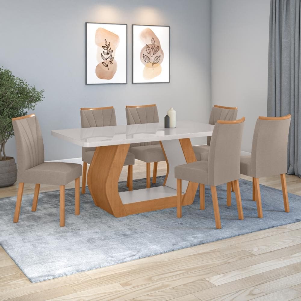 Conjunto Sala de Jantar Mesa Easy Tower 170x90cm MDF/Vidro com 6 Cadeira Armoni Suede Bege Amendoa/off White