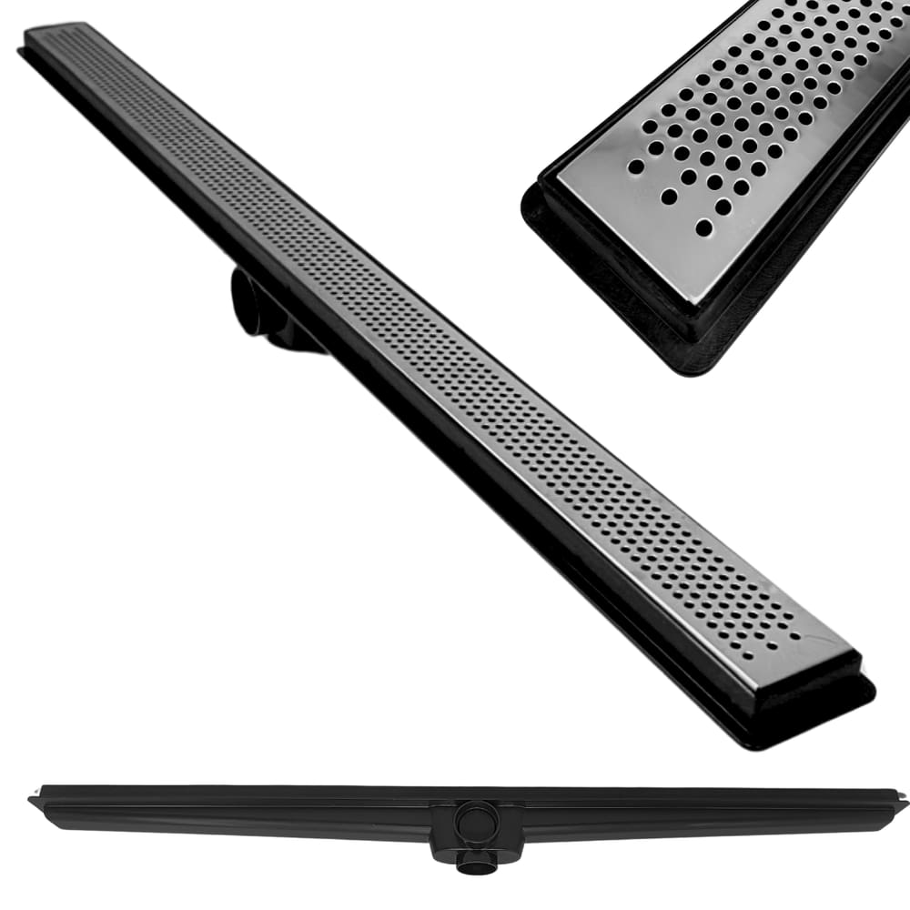 Ralo Linear Banheiro Seca Box 5x100 Inox Perfurado Espelhado Coletor Preto com Sifão Tela (5cm x 100cm)