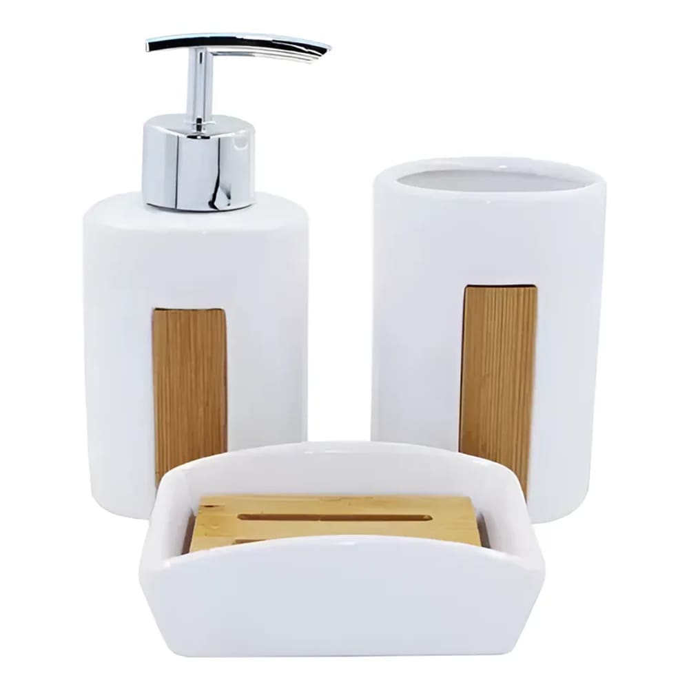 Kit Banheiro Cerâmica Saboneteira Porta Escova Bambu 3 Peças Conjunto Organização Decoração Lavabo