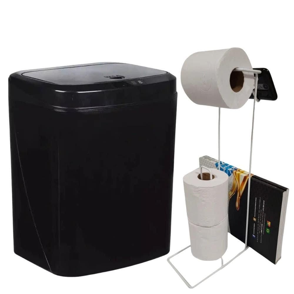 Lixeira Automática Preta 16 Litros USB KALA com Suporte para Papel Higiênico 3 Rolos Branco EVALD