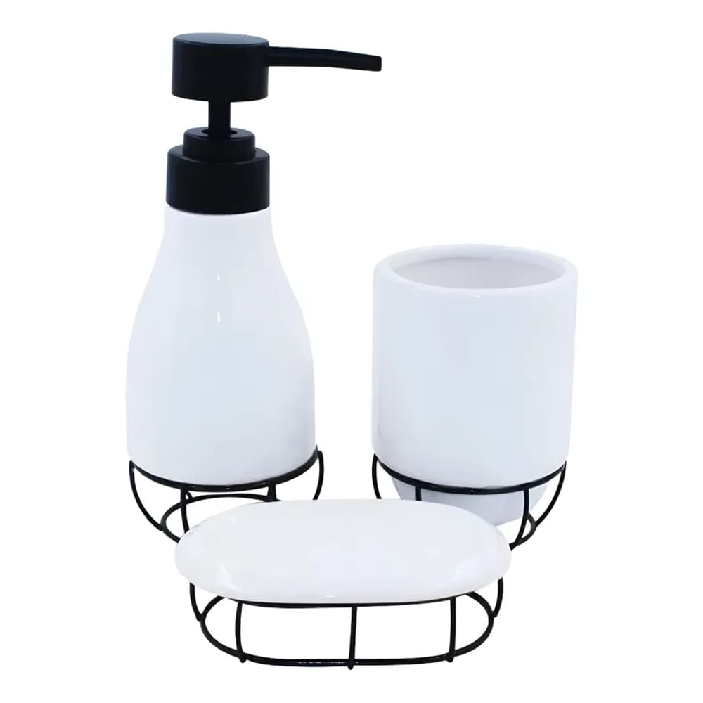 Kit Banheiro Cerâmica Saboneteira Porta Escova Branco Aramado 3 Peças Conjunto Organização Decoração Lavabo