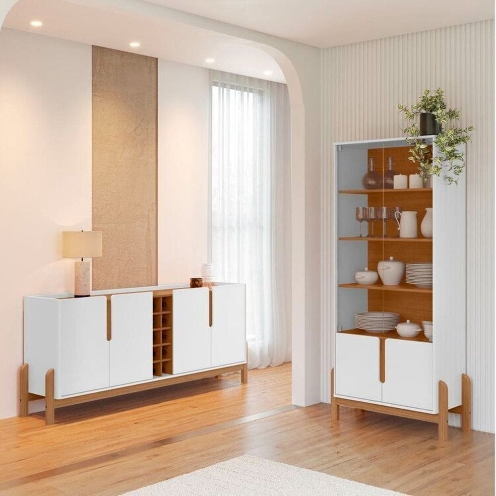 Buffet 190cm e Cristaleira com Pés de Madeira Maciça Lizz Branco / Cedro