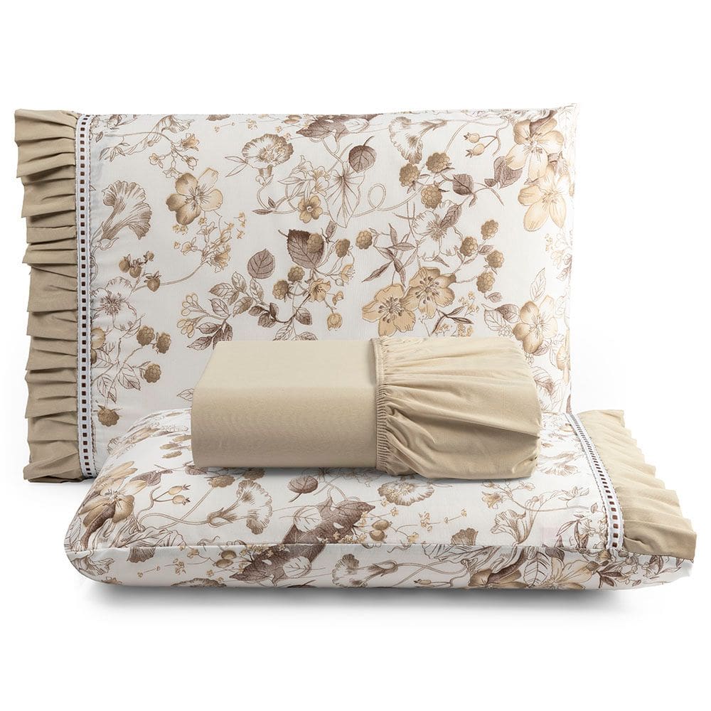 Jogo Cama Lençol Fiore Casal Padrão Estampado 180 Fios 100% Algodão com Babadinho 3 Peças Bege Floral