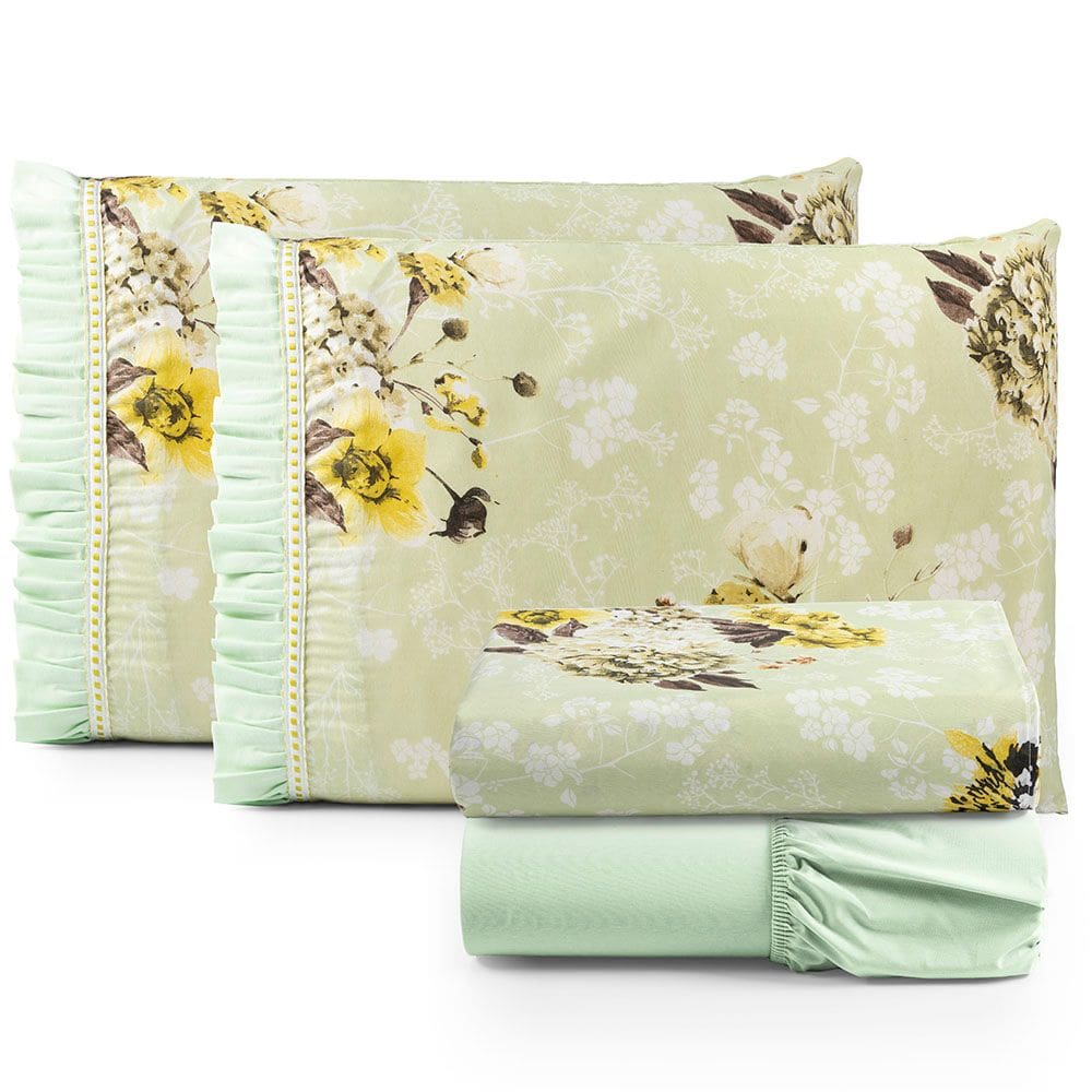 Jogo Cama Lençol Fiore Casal Padrão Estampado 180 Fios 100% Algodão com Babadinho 4 Peças Verde Floral