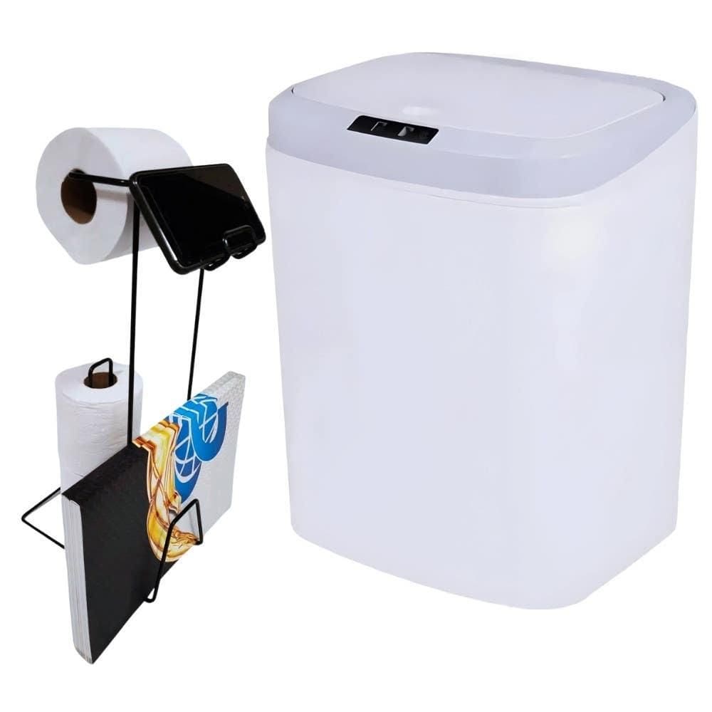 Lixeira Automática Branca 16 Litros USB KALA com Suporte para Papel Higiênico 3 Rolos Preto EVALD