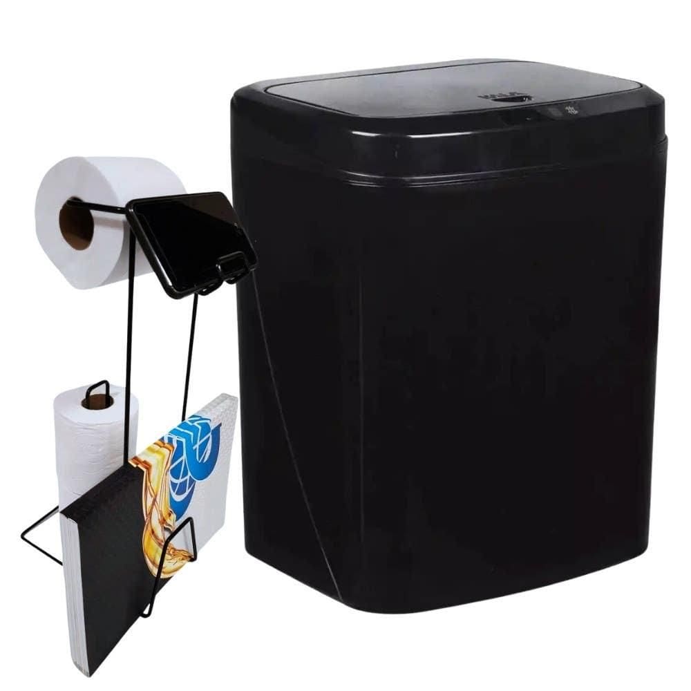 Lixeira Automática Preta 16 Litros USB KALA com Suporte para Papel Higiênico 3 Rolos Preto EVALD