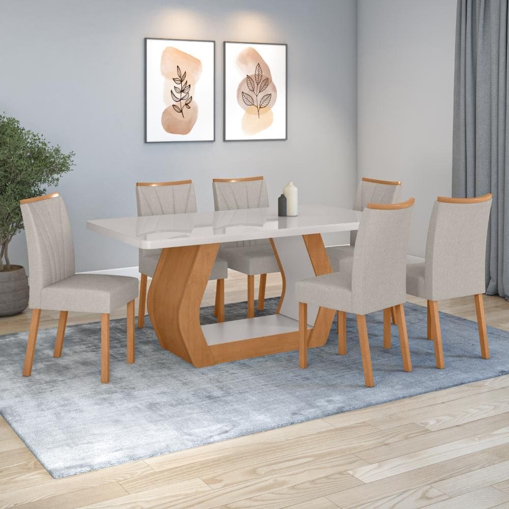 Conjunto Sala de Jantar Mesa Easy Tower 170x90cm MDF/Vidro com 6 Cadeira Armoni Linho Mosaico Cinza Amendoa Clean/off White
